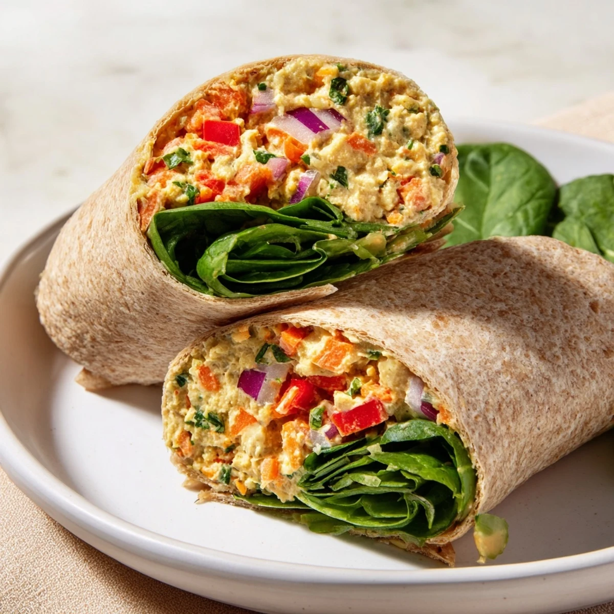 Creamy chickpea salad wraps brimming with colorful vegetables, perfect for a quick and healthy lunch.