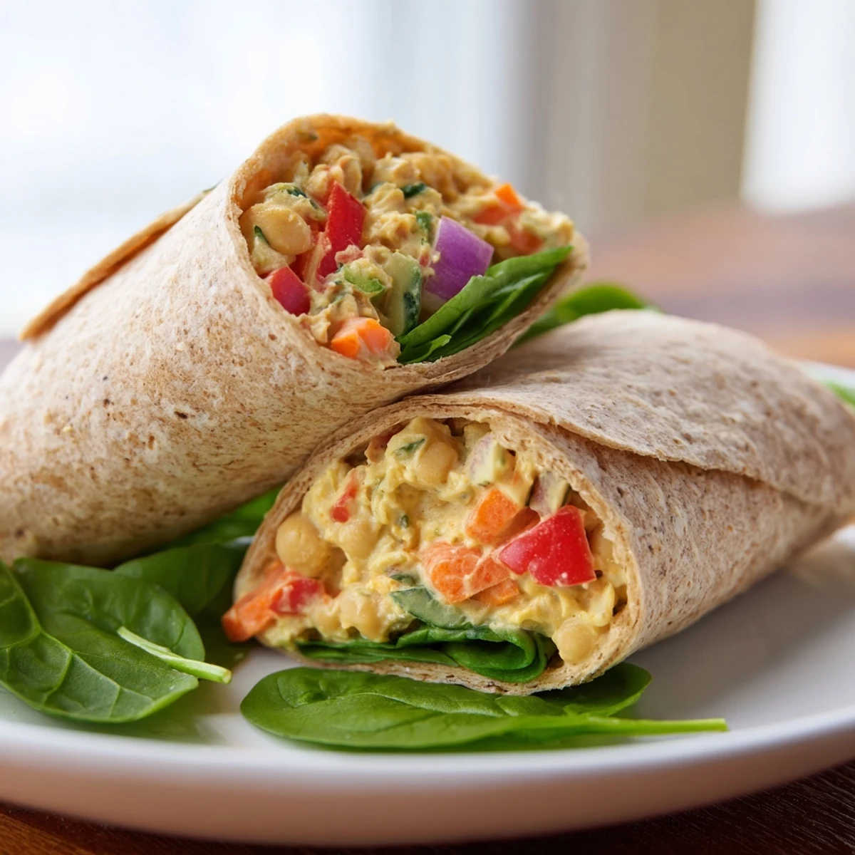 Enjoy a delicious bite of fresh and flavorful chickpea salad wraps, ideal for easy plant-based meals.