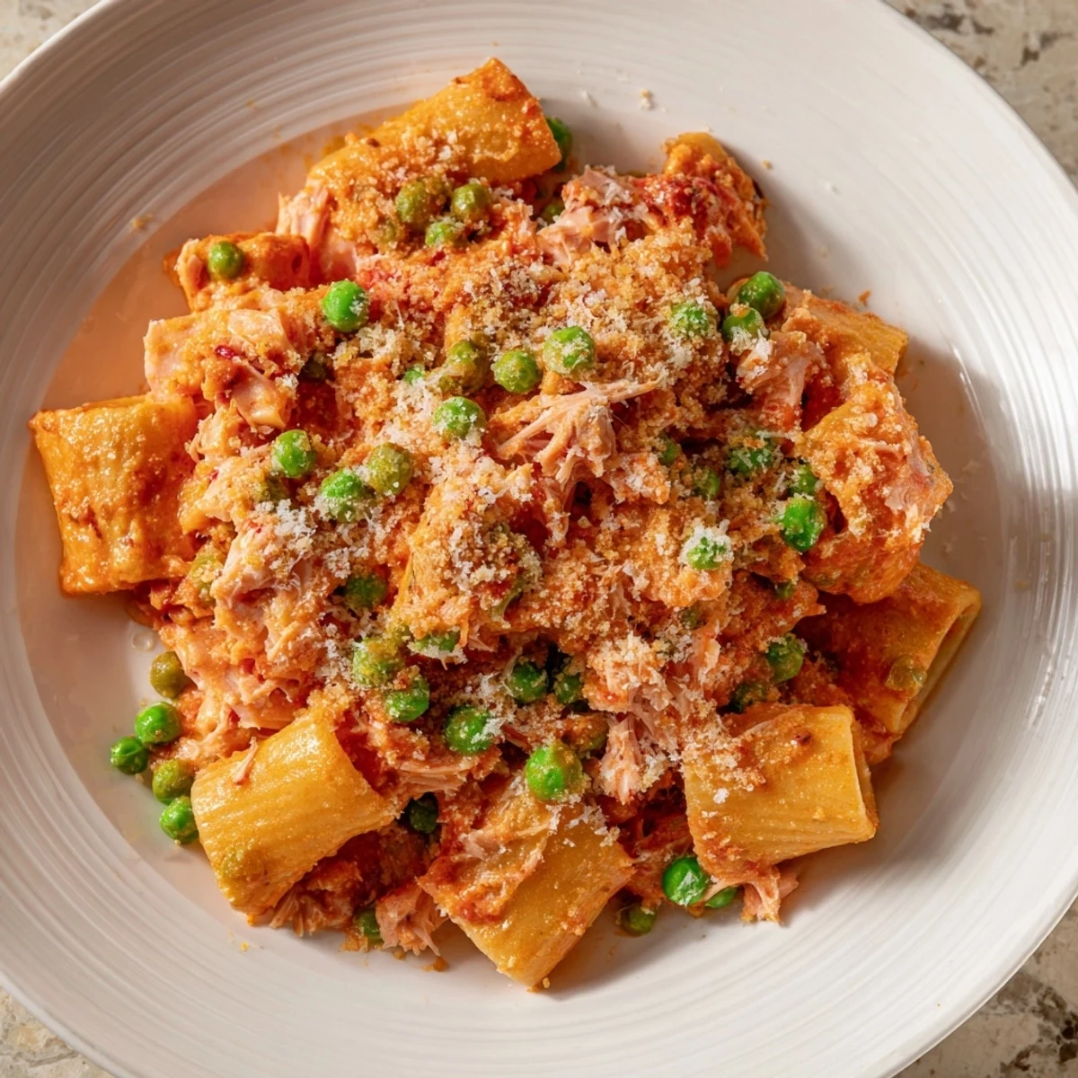 A steaming, creamy Tuna Pasta Bake, filled with tuna, vegetables, and a rich, cheesy sauce.