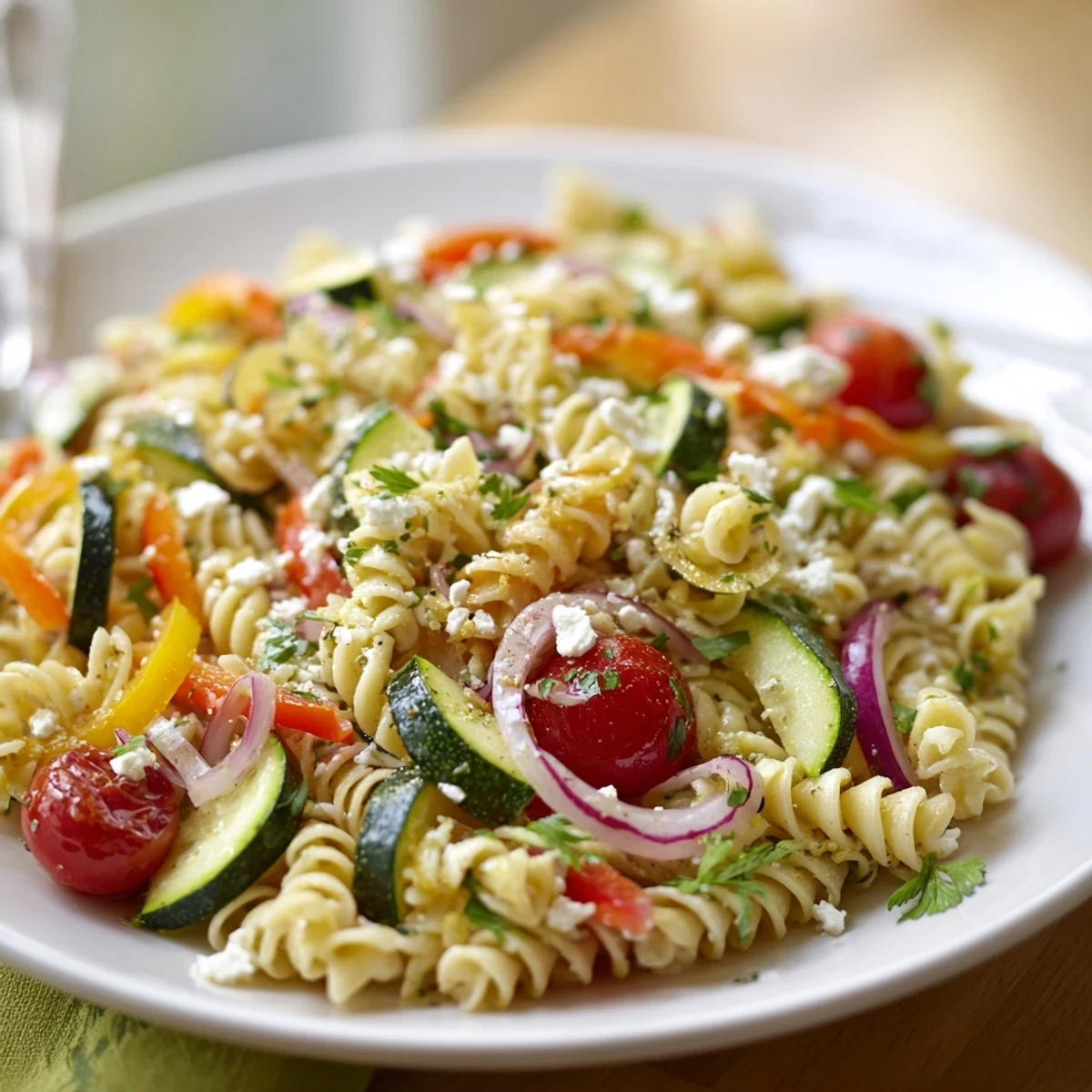 Pasta salad with seasonal veggies: a colorful bowl with tender pasta and fresh, chopped vegetables.