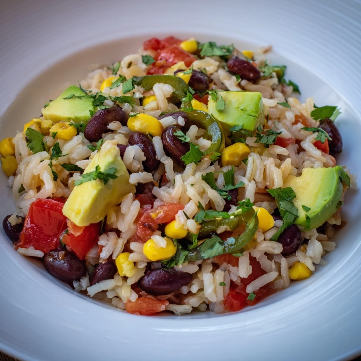 A close-up of a flavorful one-pot Mexican rice and beans, garnished with fresh cilantro and lime.