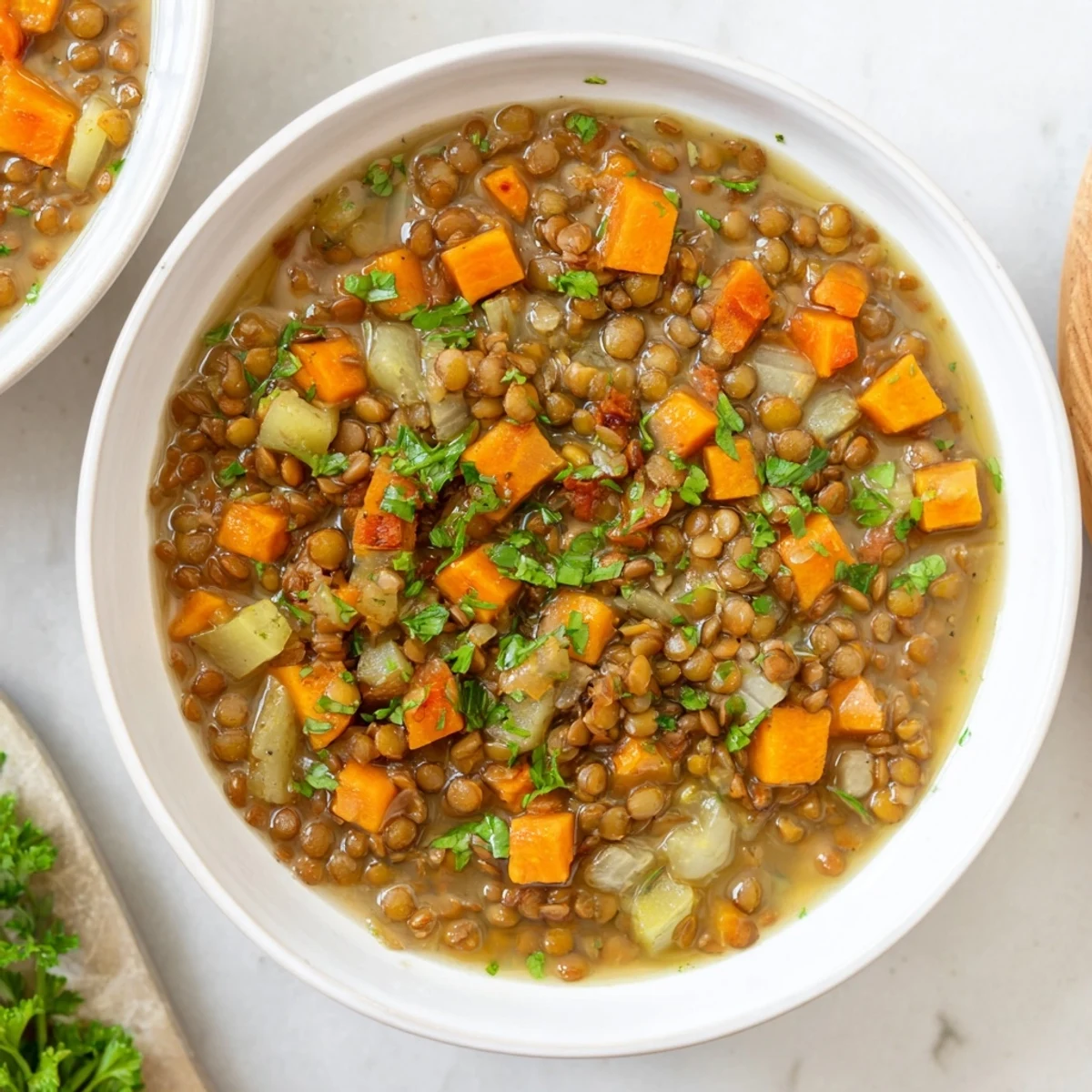 Steaming bowl of Lentil Soup with carrots and celery, garnished with fresh herbs, ready to serve.