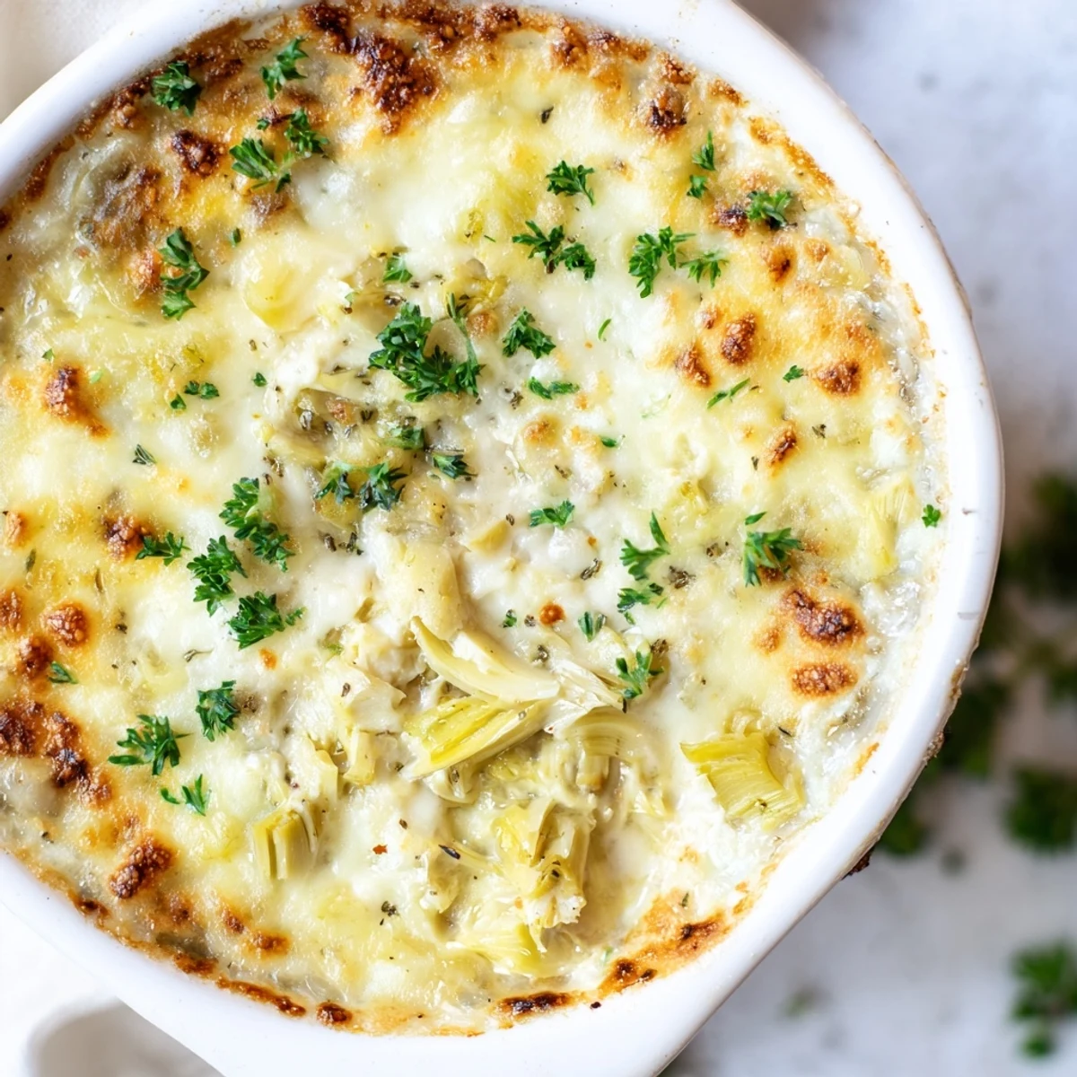 Freshly baked Baked Artichoke Dip, hot and cheesy, is a delicious appetizer for any occasion.