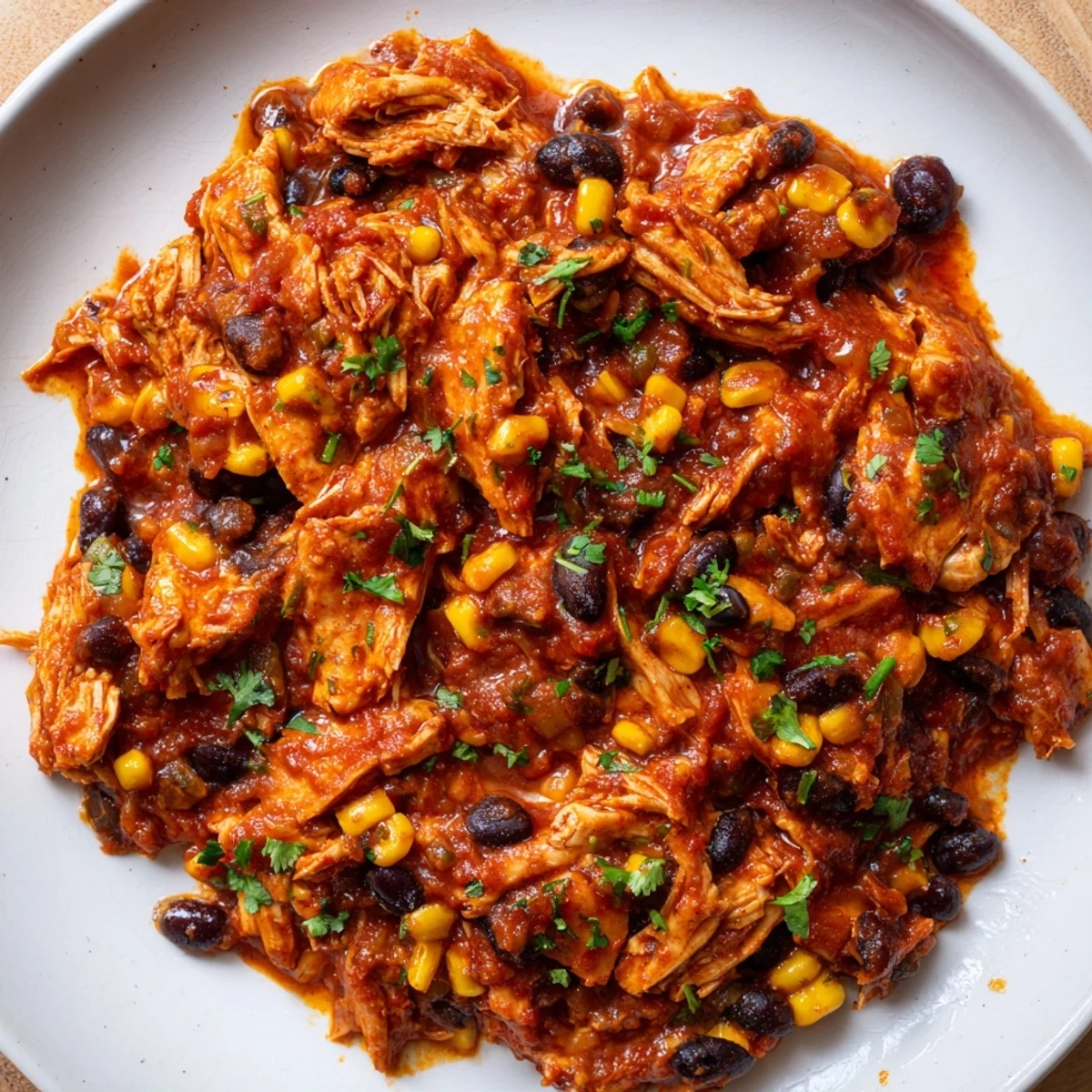 Juicy slow cooker salsa chicken, perfect for tacos, boasting vibrant red salsa sauce and flavorful spices.