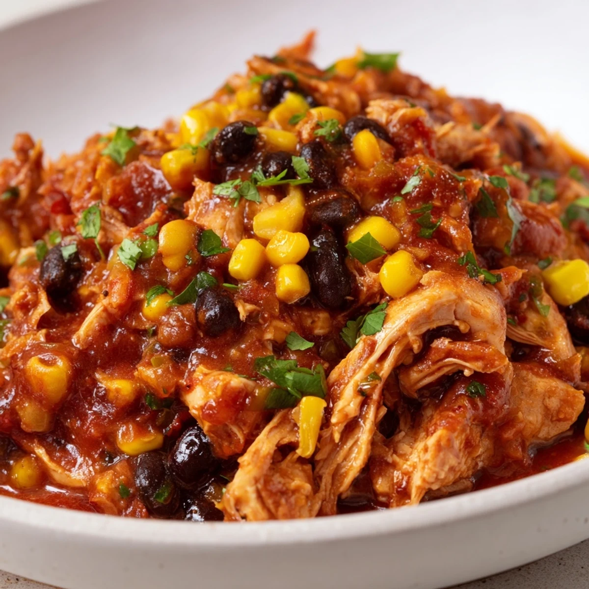Shredded salsa chicken, cooked low and slow for tender results, ready for burrito bowls or a quick meal.
