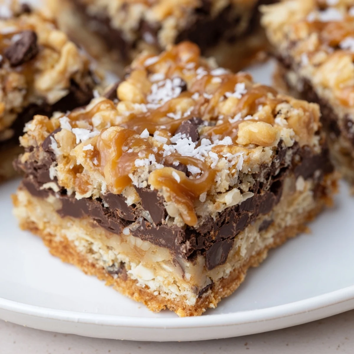 Close-up of baked 7-Layer Magic Bars showing layers of chocolate, coconut, and nuts with caramel.