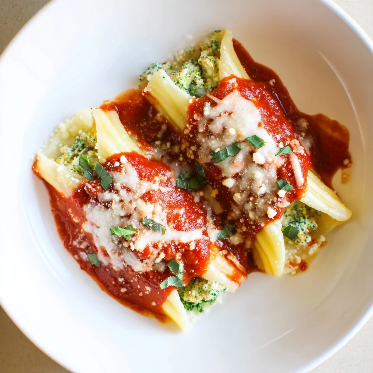 Cozy Broccoli Stuffed Manicotti bubbling in a rich marinara sauce, topped with melted mozzarella cheese.
