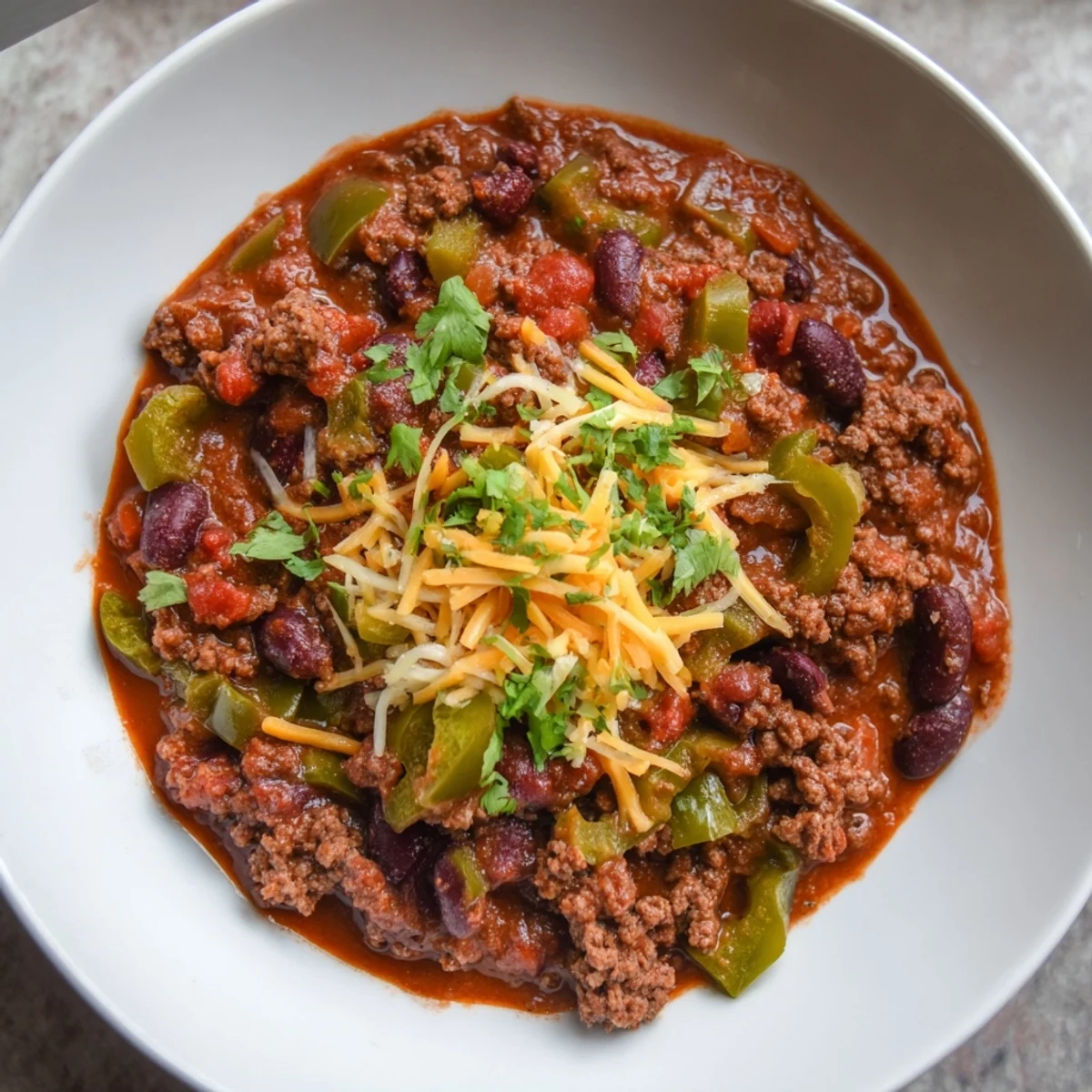A close-up shot of the flavorful Quick Chili, showing the rich color of the beans and tomatoes.