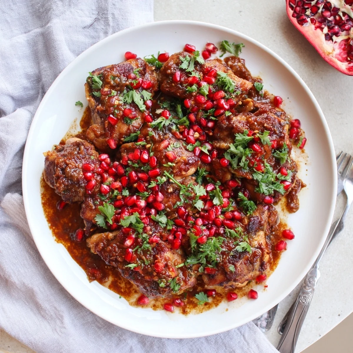 Fragrant Pomegranate Walnut Fesenjan stew, ready to be served, garnished with bright red pomegranate seeds.