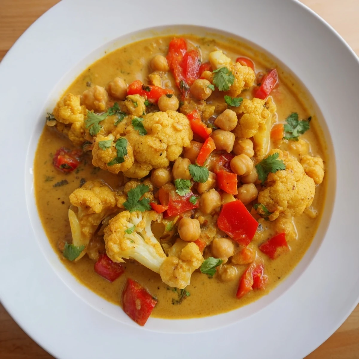 Close-up of a flavorful, creamy Curried Cauliflower and Chickpea Coconut Stew, ready to enjoy.
