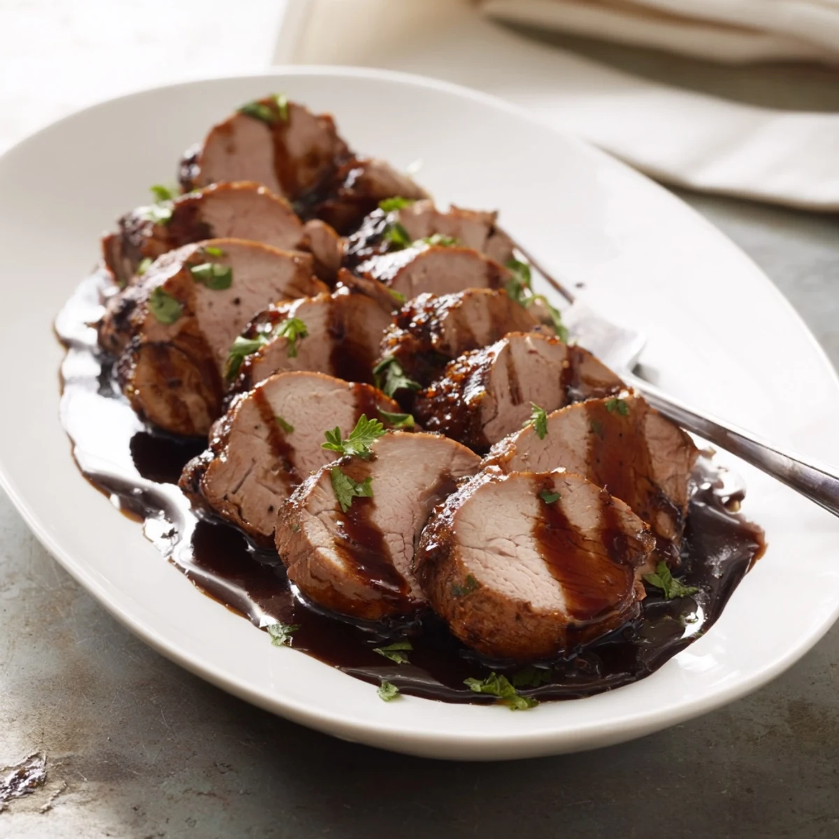 Tender slices of Tart Cherry Date Glazed Pork Tenderloin glistening, served with a rich, dark sauce.