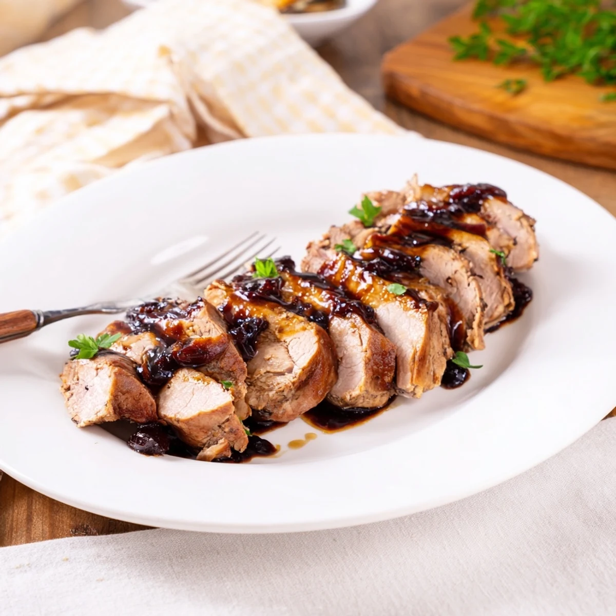 Close-up of perfectly roasted Tart Cherry Date Glazed Pork Tenderloin with a vibrant, sweet and tangy glaze.