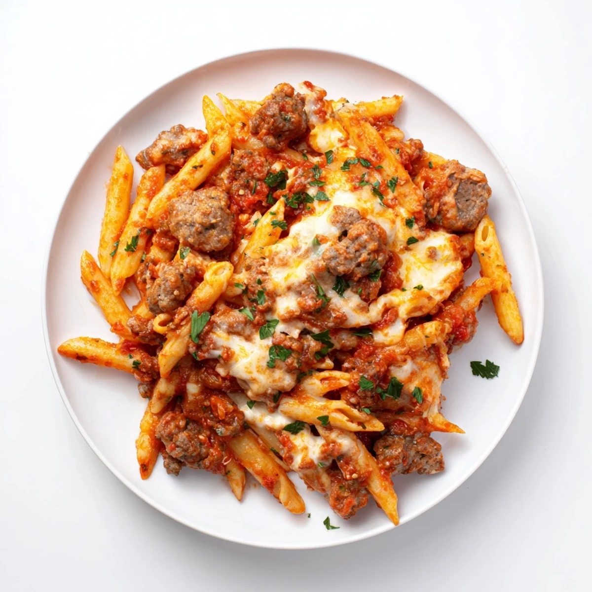A steaming, family-sized pan of Budget Sausage and Cheese Pasta Bake with a rich tomato sauce.