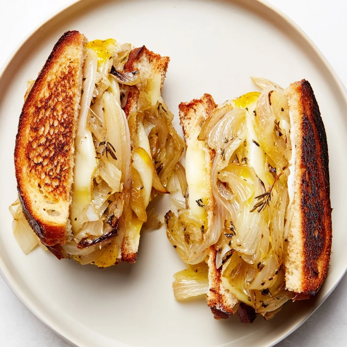 A close-up of a perfectly grilled French Onion Grilled Cheese sandwich, served on warm sourdough bread.