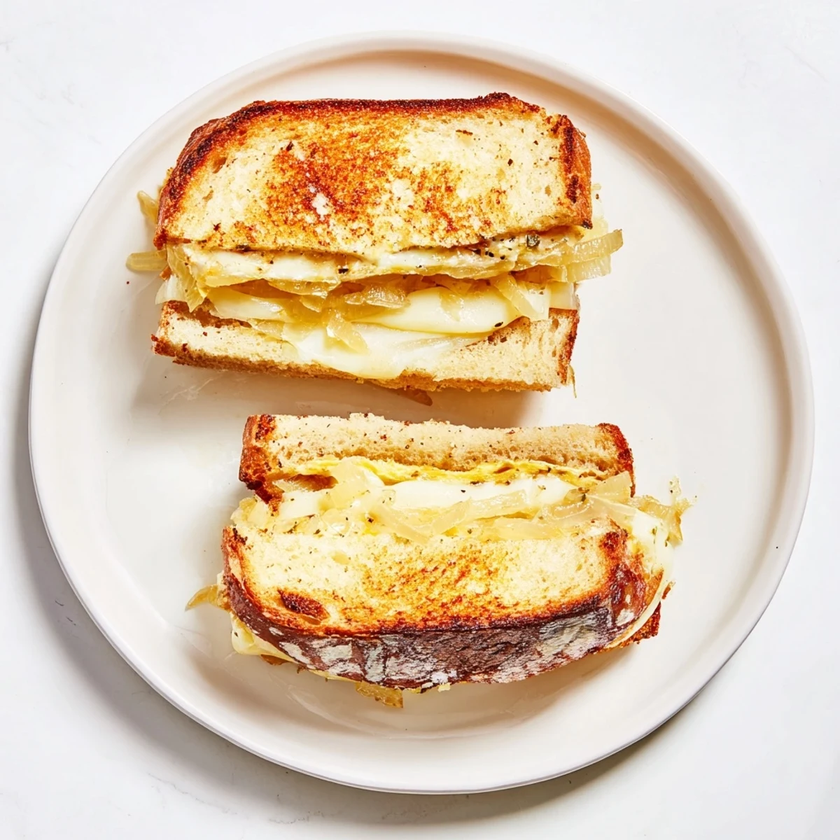 Golden brown French Onion Grilled Cheese, oozing with melted Gruyère, is a warm and savory delight.