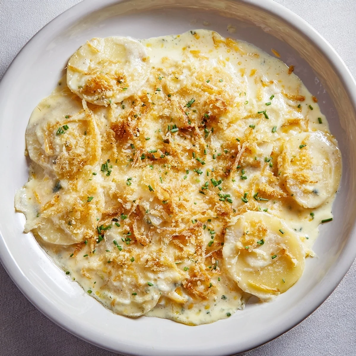 Golden-brown cheesy scalloped potatoes, bubbling hot from the oven, ready for a comforting meal.