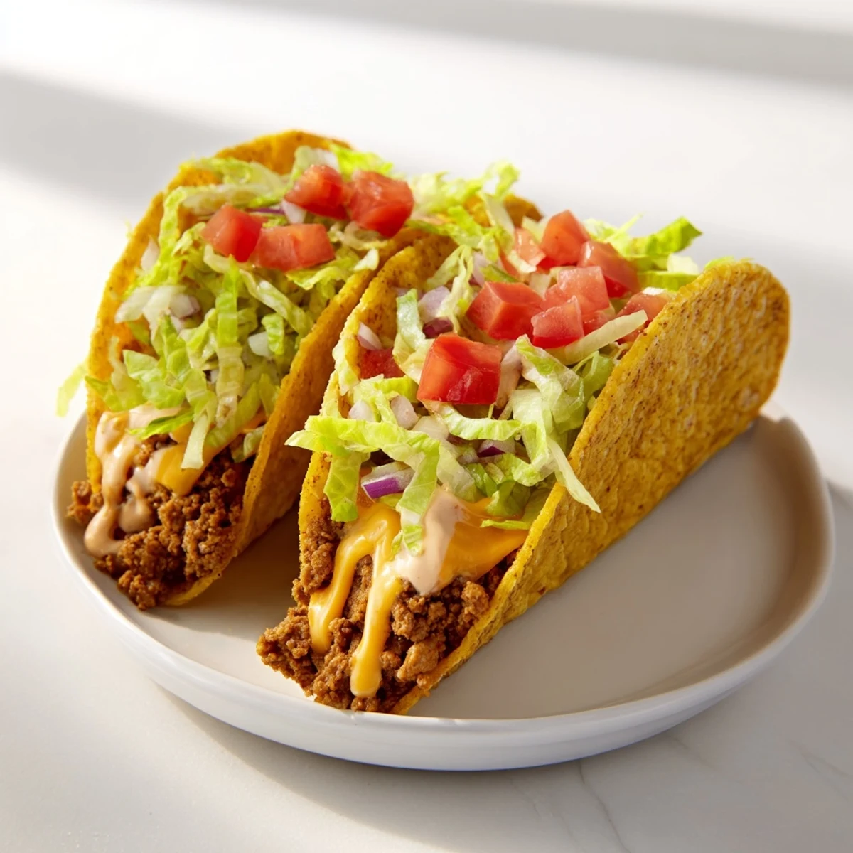 Golden melted cheese blankets the warm flour tortilla of a Cheesy Gordita Crunch taco, ready to eat.