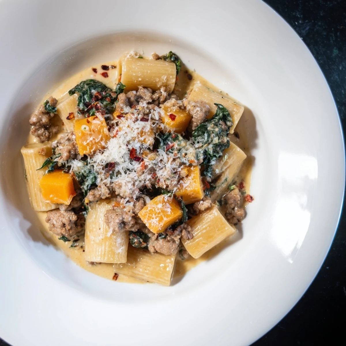 Creamy Rigatoni with Butternut Squash, a warm dish with sausage and Parmesan sprinkled on top.