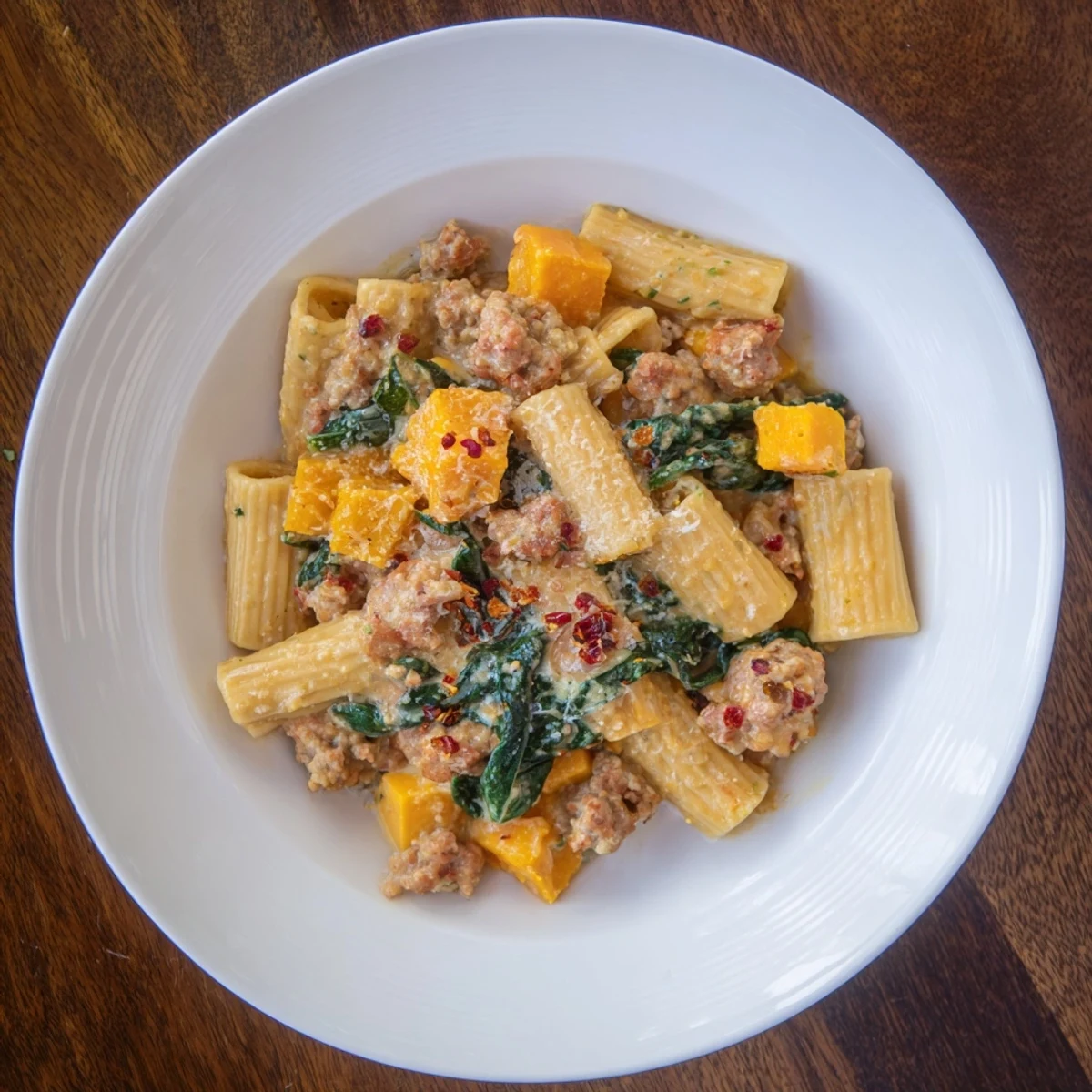 Golden butternut squash chunks mingle with spicy sausage in this creamy rigatoni pasta dish.