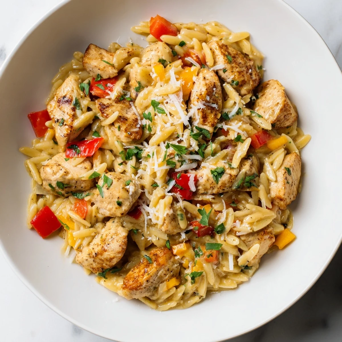 Golden-brown chicken pieces mingle with creamy sauce in this One-Pot Cajun Chicken Alfredo Orzo.