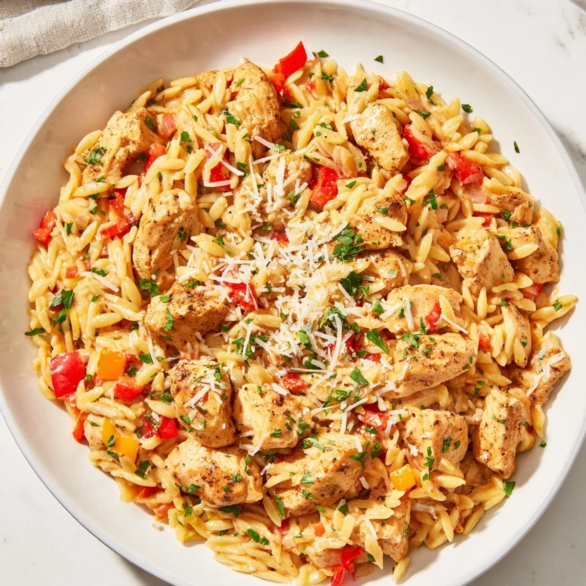 A steaming bowl of One-Pot Cajun Chicken Alfredo Orzo, garnished with fresh parsley, awaits your fork.