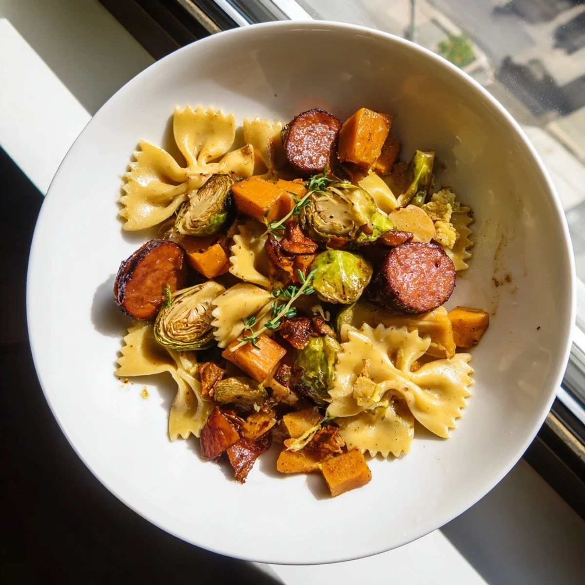 Hearty Autumn Sausage Pasta Squash showcasing perfectly roasted squash and crispy Brussels sprouts ready to eat.