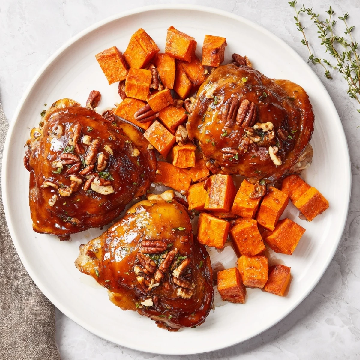 A close-up of beautifully glazed maple glazed chicken and sweet potatoes, perfect for a cozy weeknight dinner.