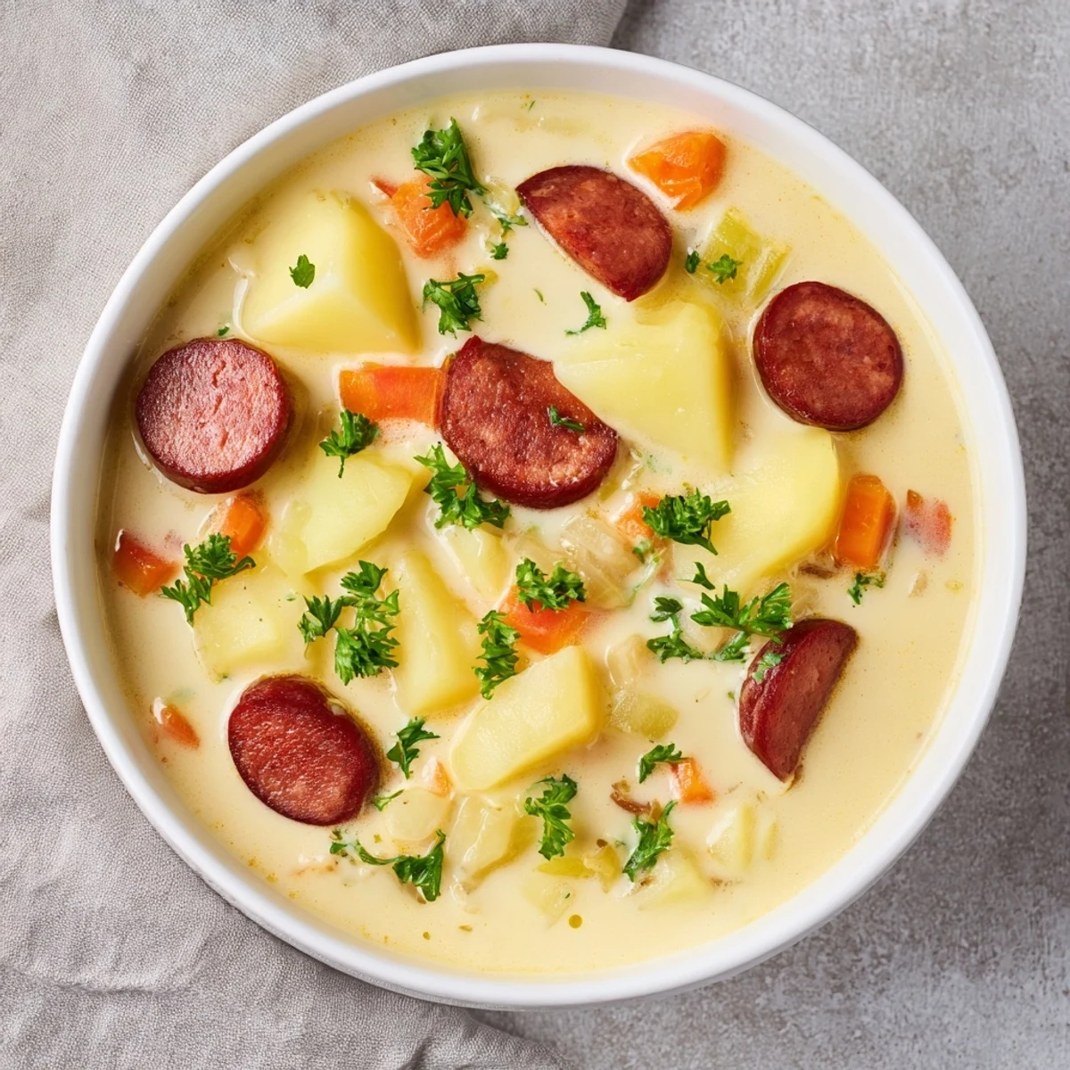 Creamy chorizo potato soup, richly flavored with smoky chorizo, thick broth, and fresh parsley garnish.