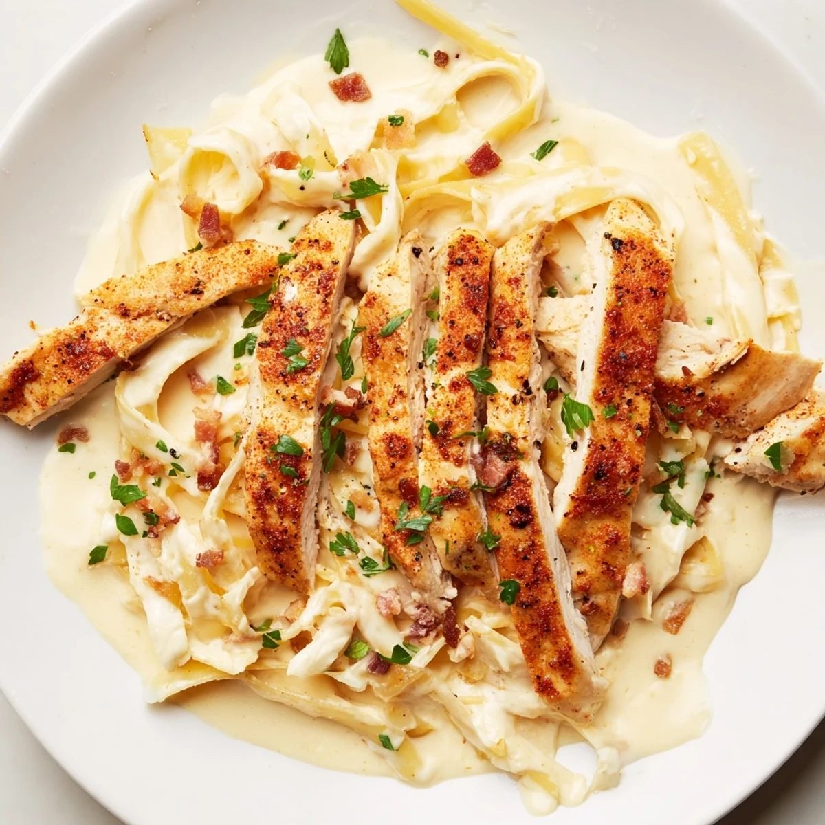 Golden slices of Southern Style Creamy Parmesan Chicken Pasta, perfectly plated and garnished with fresh green herbs.
