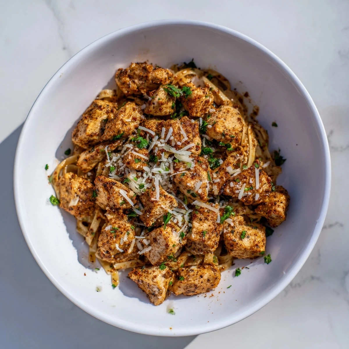 Hearty Cowboy Butter Chicken Pasta: Tender chicken pieces are nestled in a velvety, flavorful Parmesan sauce alongside pasta.