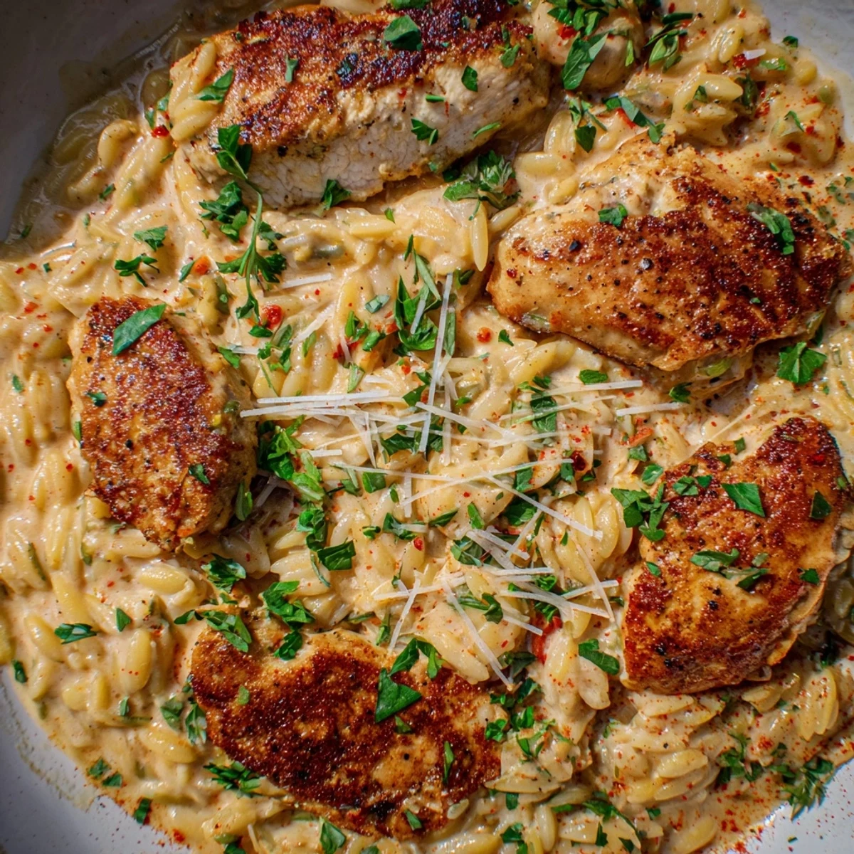 A close-up view of the rich, one-pot Cajun Chicken Alfredo Orzo, garnished with fresh parsley.
