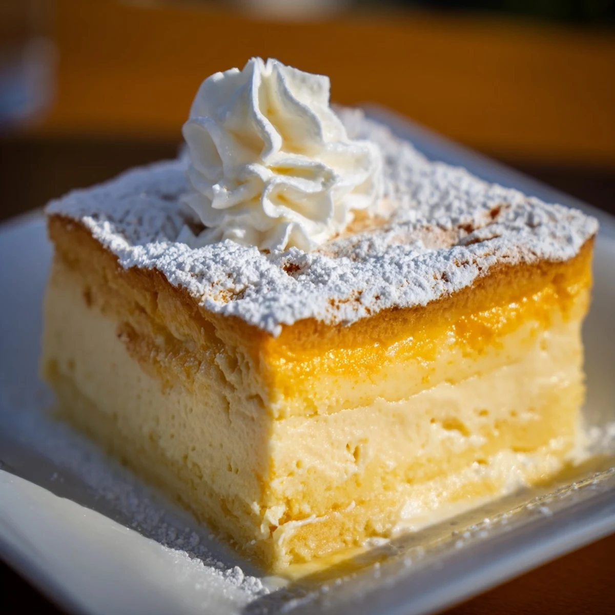 Fluffy slice of Simplified Pumpkin Magic Cake dusted with powdered sugar, ready to serve.