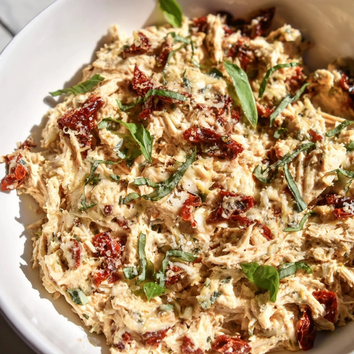 A close-up view of the delicious, gluten-free Lightened Marry Me Chicken Dip, ready and waiting.