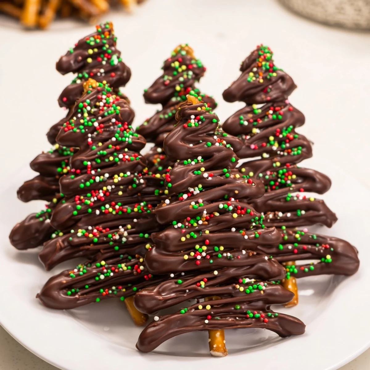 Melted chocolate drizzled into festive Express Chocolate Christmas Trees, ready for sprinkles and enjoyment.