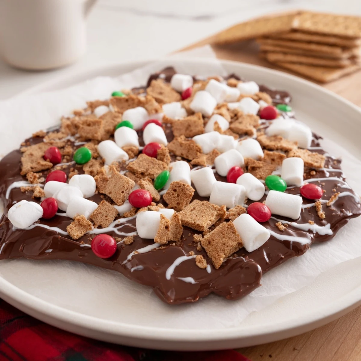 Close-up of Quick Christmas Smores Bark: A delicious, festive dessert with chocolate, graham crackers and colorful candies.