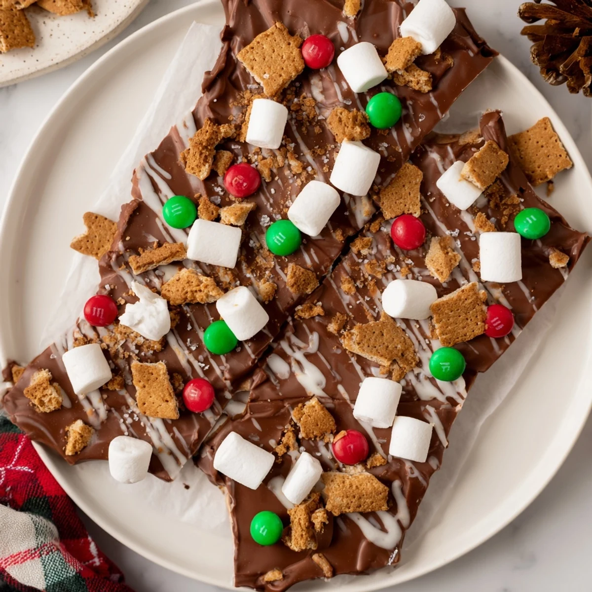 Easy Quick Christmas Smores Bark recipe, showing melty chocolate with marshmallow topping, a perfect holiday dessert.