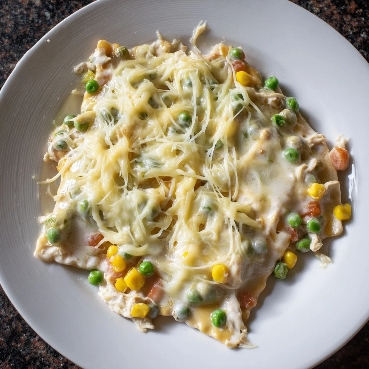 Chicken Pot Pie Ravioli Bake bubbling with melted golden cheese, a comforting family meal.