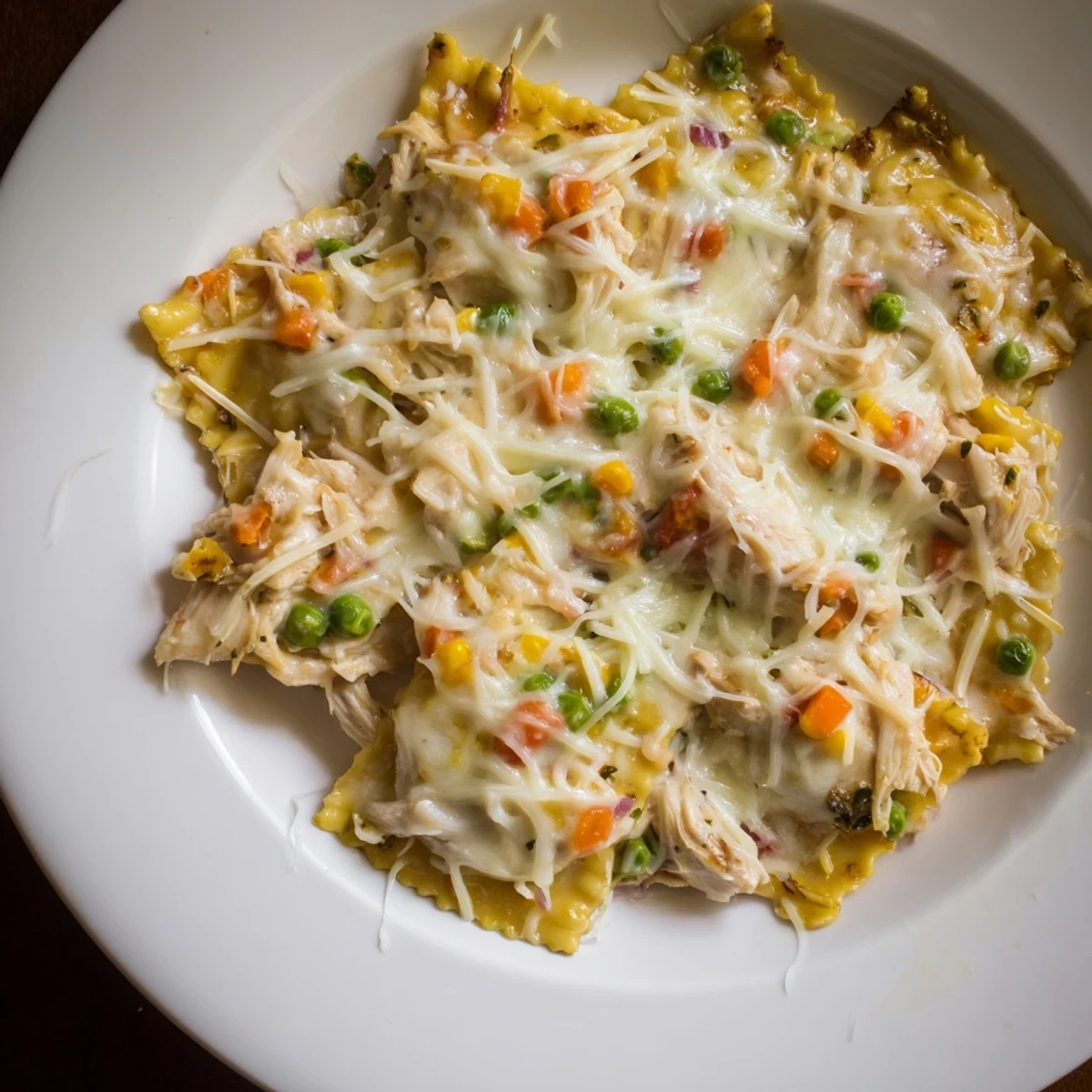 Creamy Chicken Pot Pie Ravioli Bake overflowing in a baking dish, a savory, cheesy American classic.