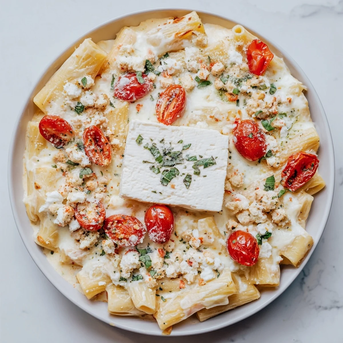 This creamy Four-Cheese Baked Block Pasta showcases melty cheeses and tender pasta, ready to serve.