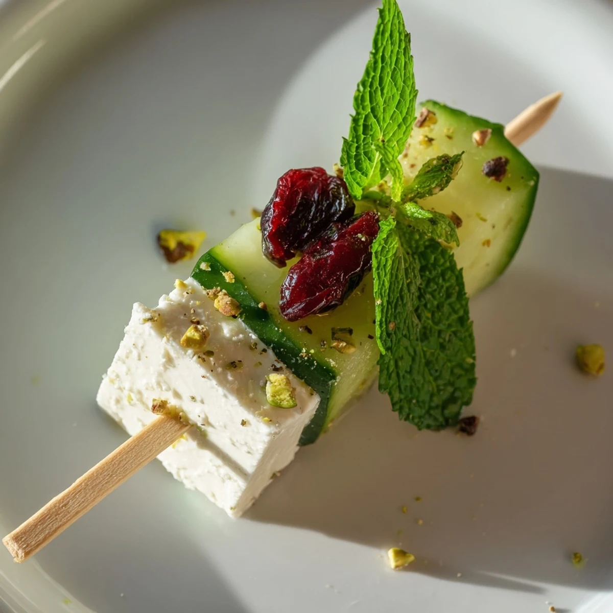 These festive Holiday Cranberry-Feta Skewers look refreshing, featuring sweet cranberries and salty feta.