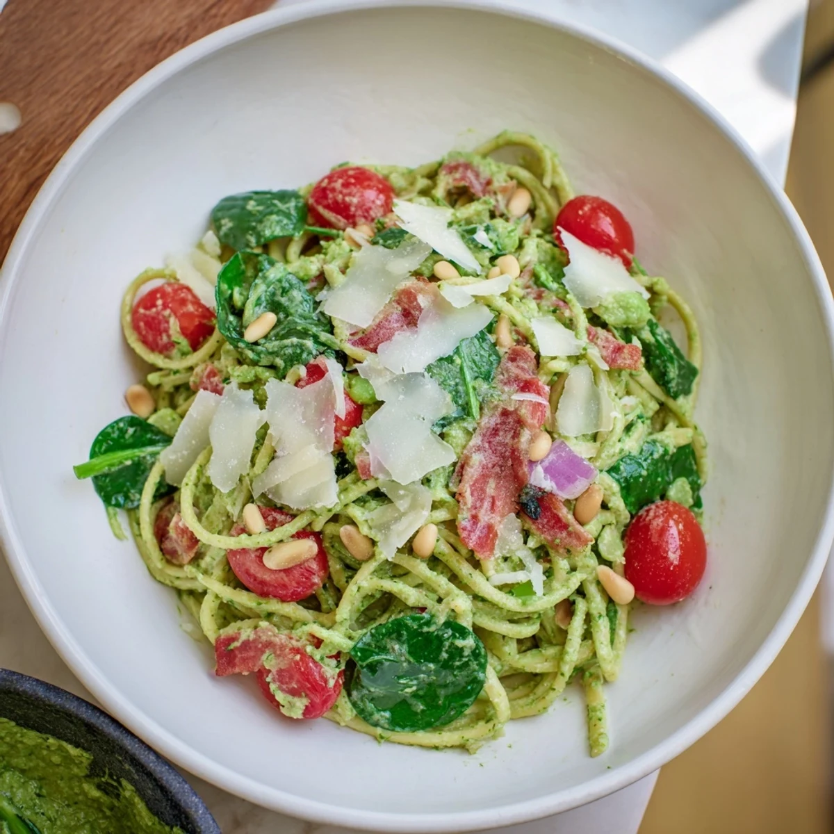 This Caesar Pesto Ditalini Salad offers a creamy, flavorful dish with pesto, tomatoes, and shaved Parmesan.
