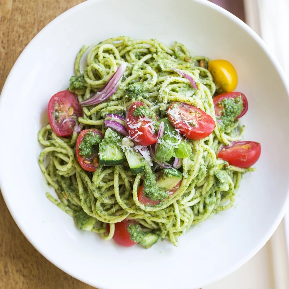 Caesar Pesto Ditalini Salad with vibrant tomatoes and fresh Parmesan, ready to serve and enjoy.