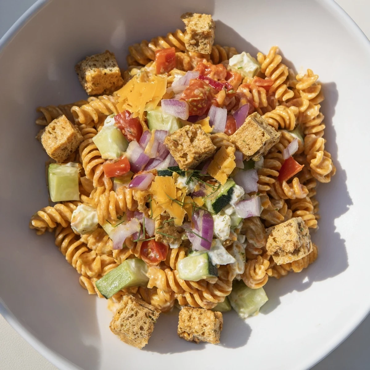 Chilled Dill Pickle Chopped Pasta Salad, a perfect summer side dish, brimming with tangy pickle flavor.