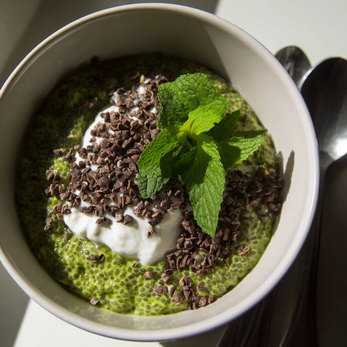 Grinch Green Mint Matcha Chia Pudding, a vibrant green breakfast, is topped with fresh berries and yogurt.