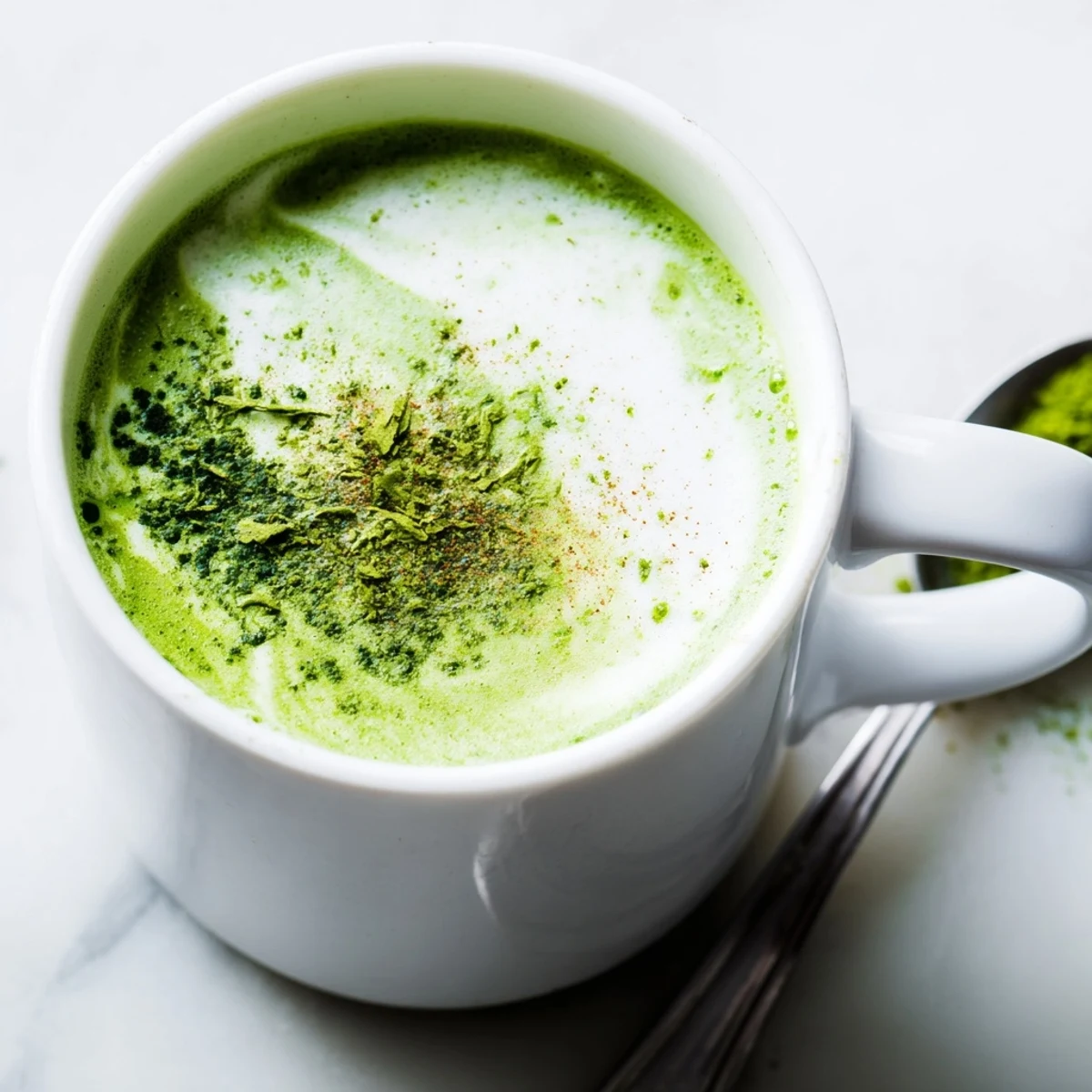 Rich, creamy Coconut Ginger Matcha Winter Immunity Latte, lightly dusted, offering a flavorful and cozy homemade beverage.