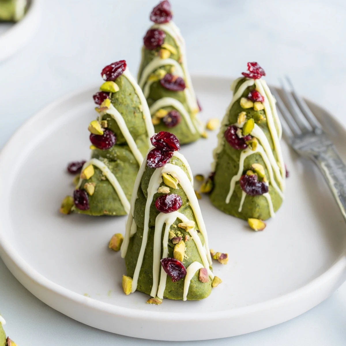 Bright green Matcha Pistachio Christmas Tree Energy Bites, a vibrant and healthy holiday treat, ready to eat.