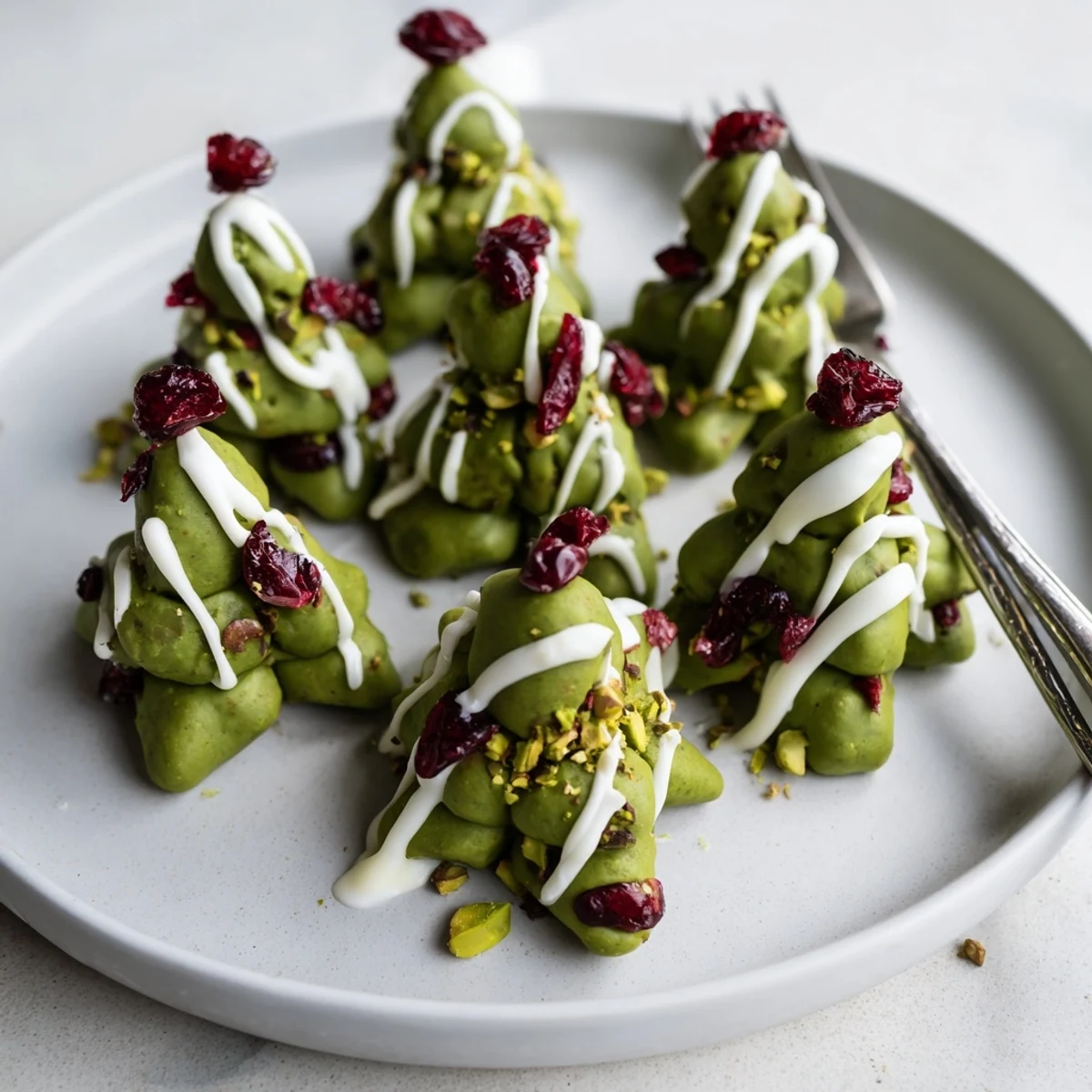 Delicious Matcha Pistachio Christmas Tree Energy Bites ready after a quick chill, perfect for festive snacking and gifting.