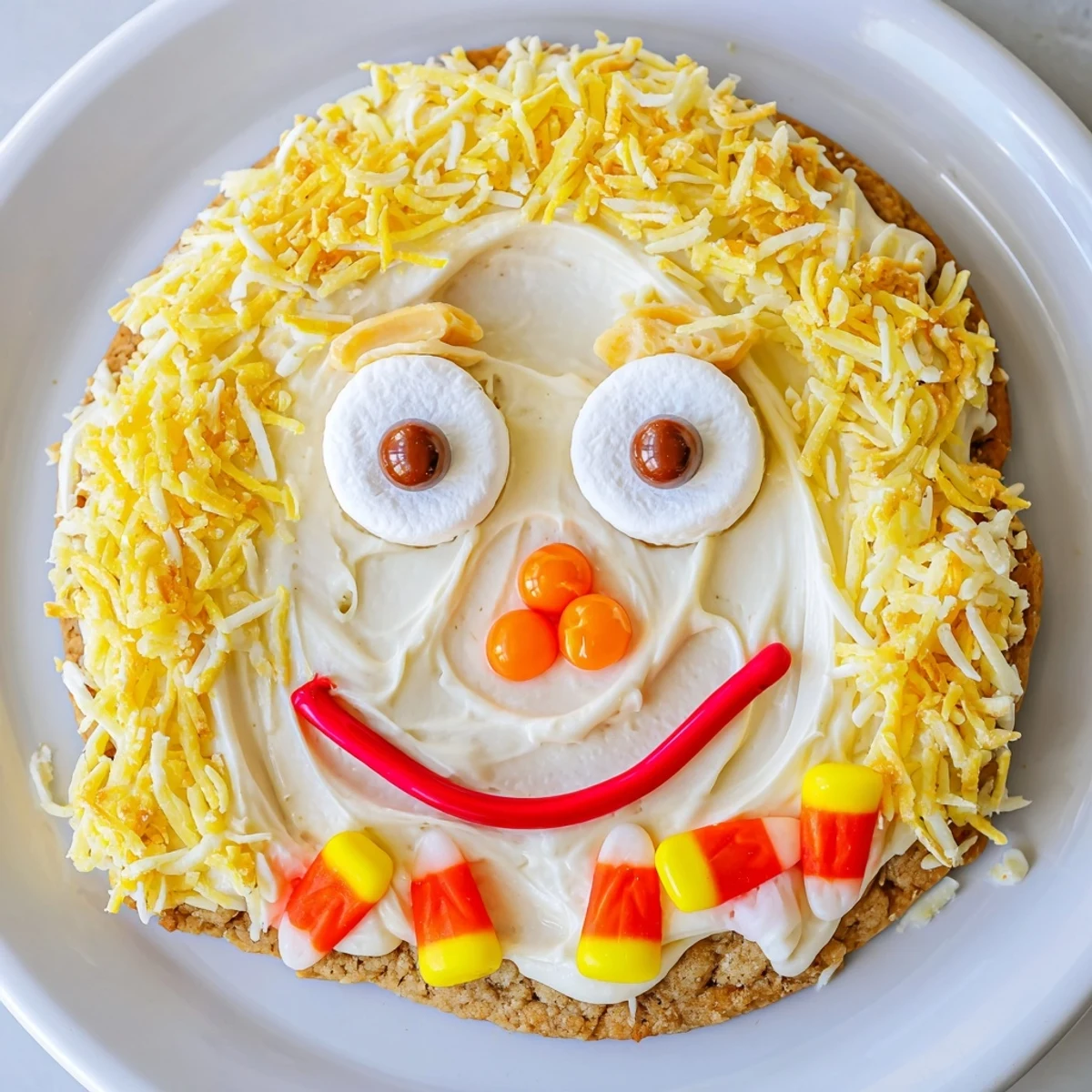 Festive Scarecrow Candy Platter with a sweet edible face, ready to brighten any party table.