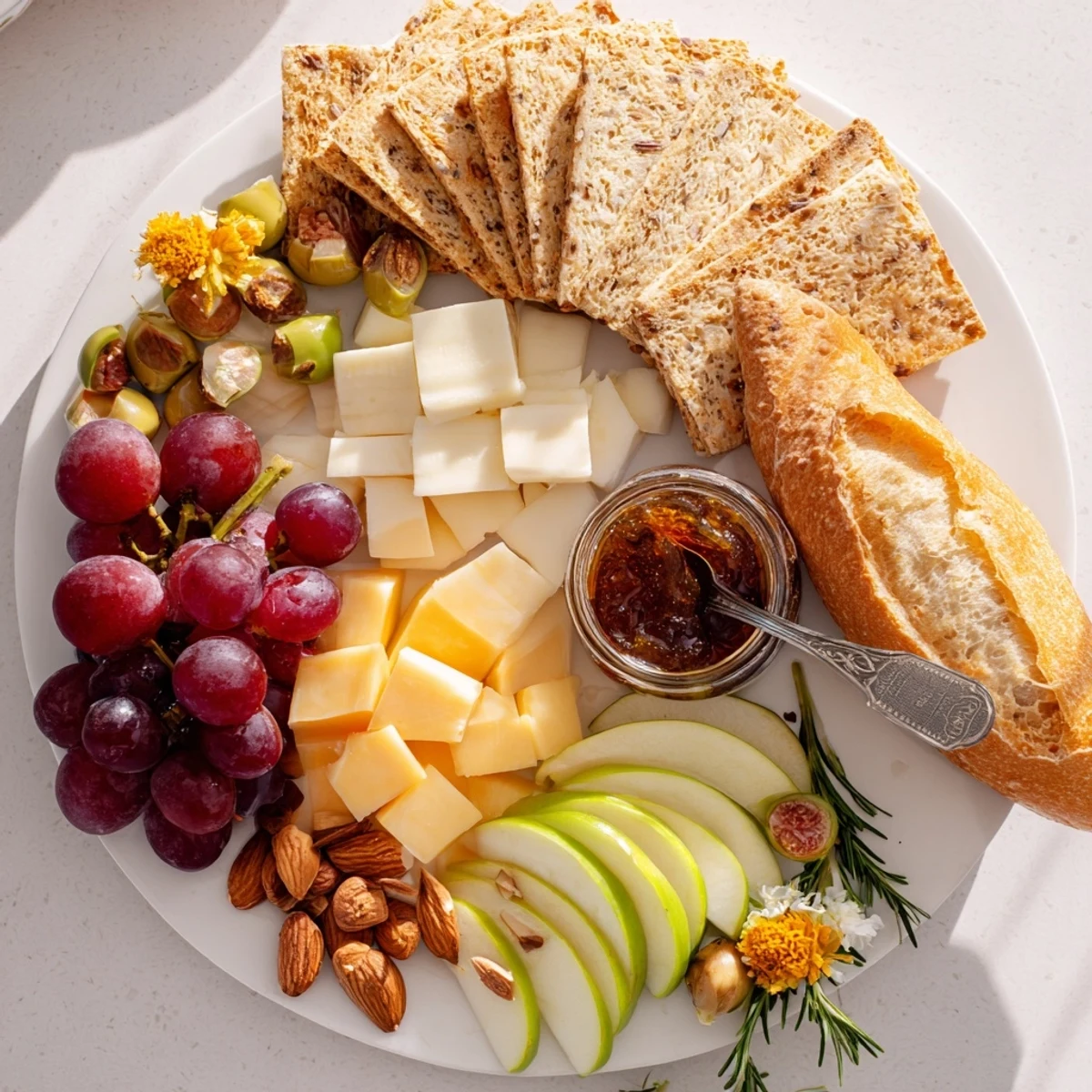 Golden Wheat Bundle Board overflowing with gourmet cheeses, fruits, olives, and golden wheat crackers, ready to serve.
