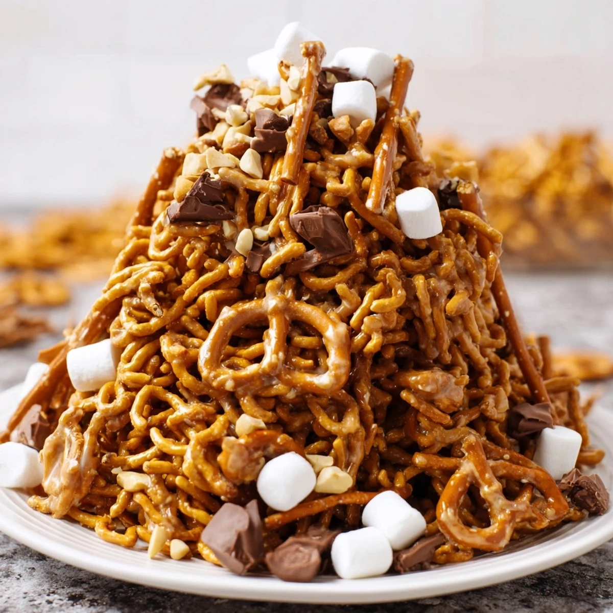 Impressive Haystack Candy Tower, a homemade, shareable confection filled with peanuts and toasted coconut.